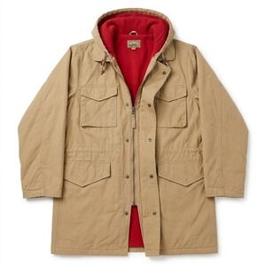 Adirondack Cotton Blend Parka – S Tan Red Fleece Lined Utility Jacket